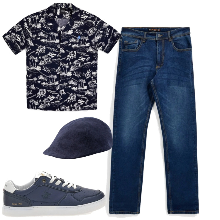 Outfit uomo - Weekend. Stile Casual per Tutti i giorni. Abbinamento con cappelli con visiera, sneakers, camicie a manica corta, jeans.