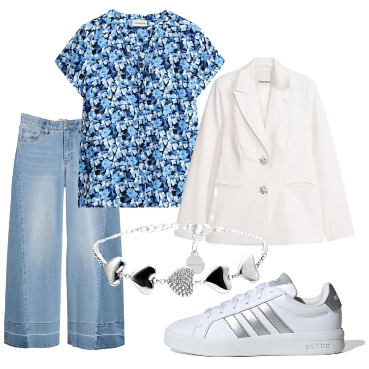 Outfit donna - La camicia fantasia. Stile Casual chic per Tutti i giorni. Abbinamento con camicie a manica corta, blazer, jeans, braccialetti, sneakers.
