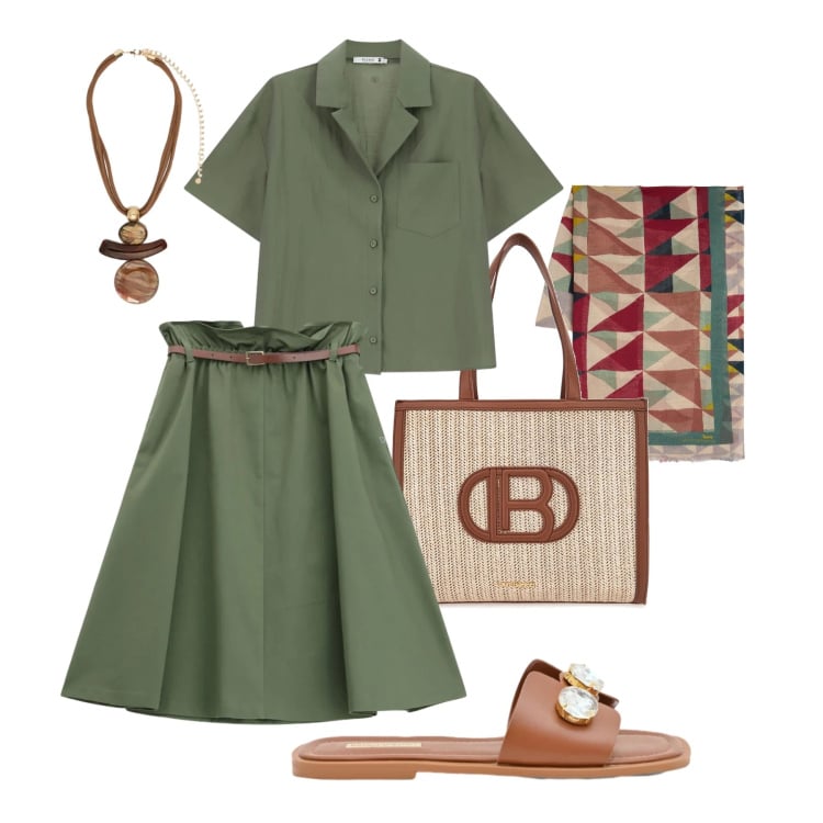 Outfit donna - Gita a Firenze. Stile Casual Abbinamento con sciarpe, gonne longuette, camicie a manica corta, sandali gioiello, ciondoli, borse a spalla.