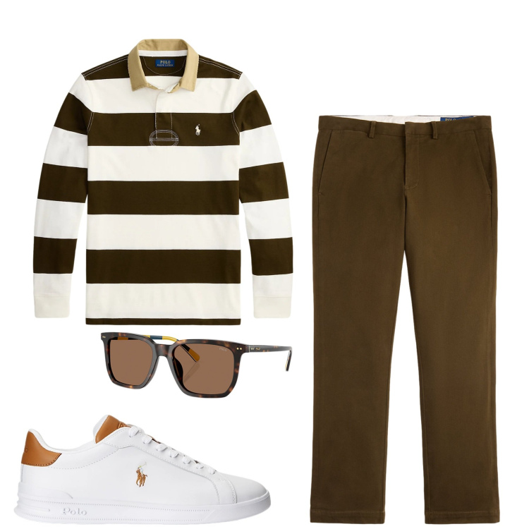 Outfit uomo - Maggio. Stile Urban per Tutti i giorni. Abbinamento con sneakers, pantaloni chino, occhiali da sole, maglieria.