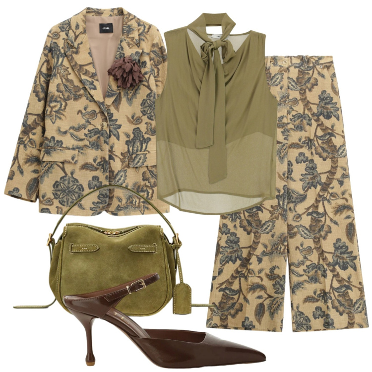 Outfit donna - Matrimonio in autunno. Stile Romantica per Cerimonia. Abbinamento con pantaloni a palazzo, décolleté, blazer, top, borse a mano.