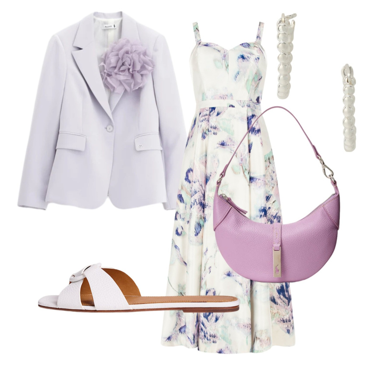 Outfit donna - Total look #2393900. Stile Romantica per Cerimonia. Abbinamento con blazer, vestiti midi/longuette, orecchini, sandali in pelle, borse a spalla.