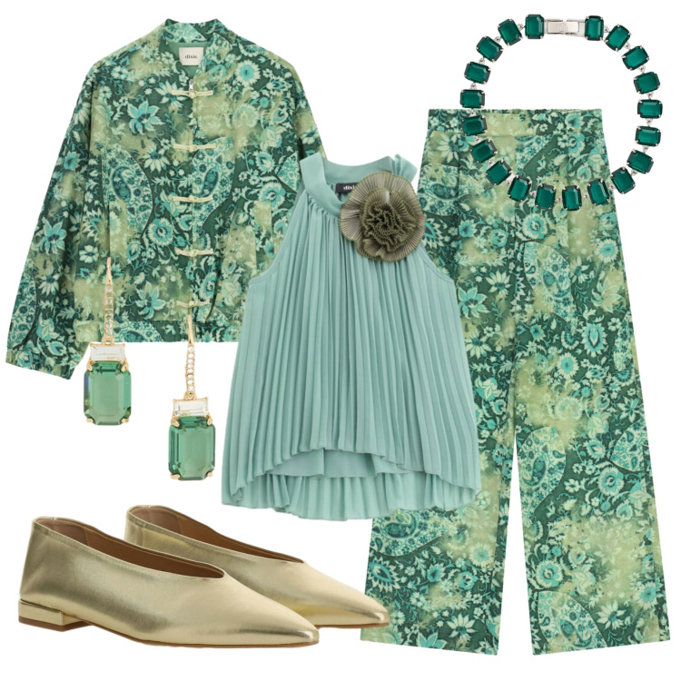Outfit donna - Total look #2393901. Stile Etnico per Cerimonia. Abbinamento con ballerine, top, pantaloni a palazzo, bomber, braccialetti, orecchini.