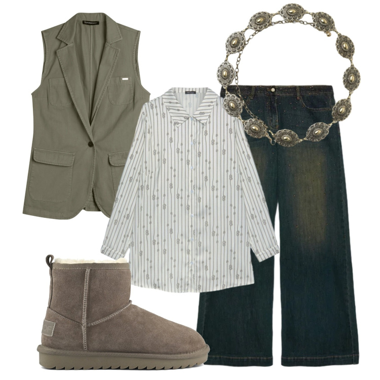 Outfit donna - Total look #2393902. Stile Casual per Tutti i giorni. Abbinamento con cinture, camicie, jeans, gilet, stivali.