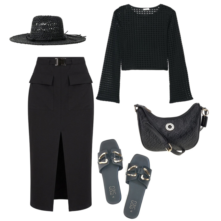 Outfit donna - Black city in trend. Stile Trendy per Tutti i giorni. Abbinamento con maglieria, gonne longuette, cappelli, ciabatte, borse a tracolla.