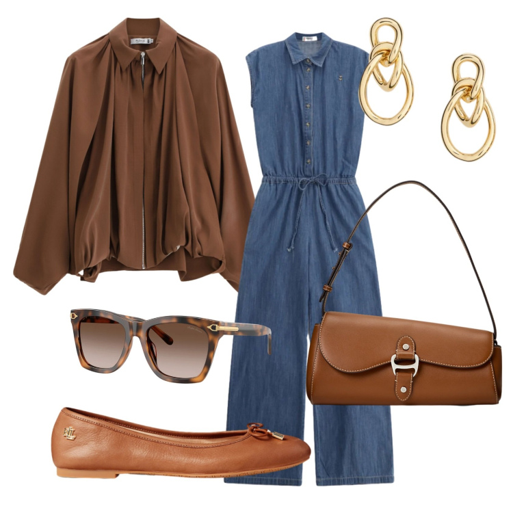 Outfit donna - Total look #2393904. Stile Casual per Ufficio. Abbinamento con bomber, tute, borse a spalla, occhiali da sole, orecchini, ballerine.