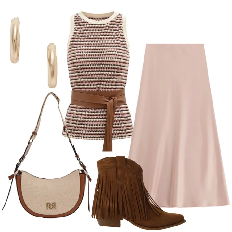 Outfit donna - Total look #2393910. Stile Boho per Tutti i giorni. Abbinamento con gonne lunghe, stivaletti texani, borse a tracolla, canottiere, orecchini.