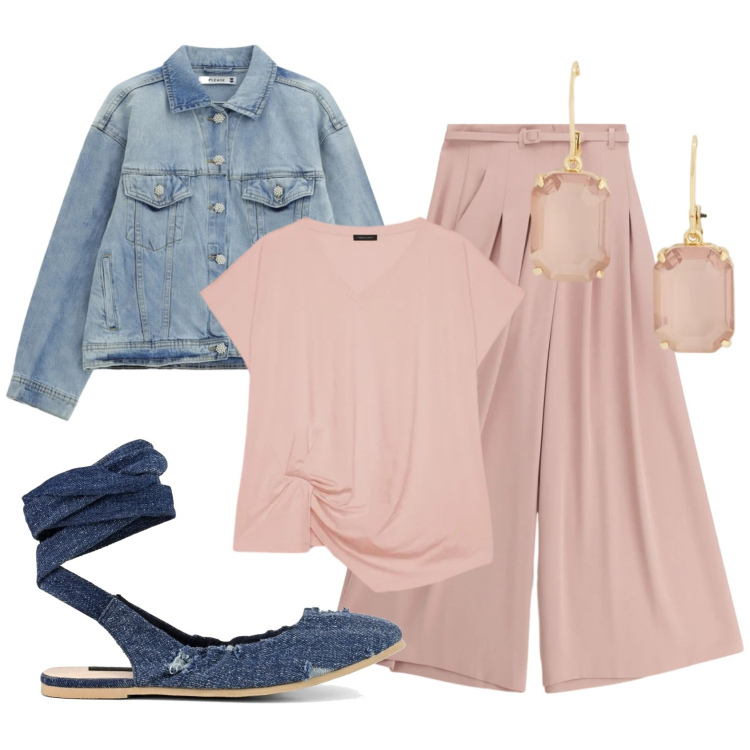 Outfit donna - Total look #2393912. Stile Casual chic per Ufficio. Abbinamento con blazer, pantaloni a palazzo, t-shirt, orecchini, ballerine.