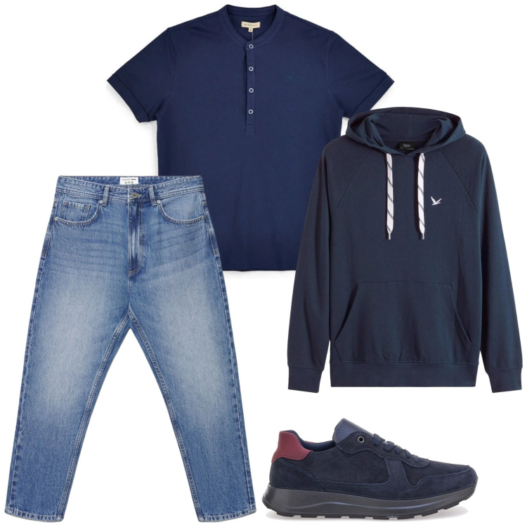 Outfit uomo - Total look #2393916. Stile Casual per Tutti i giorni. Abbinamento con felpe con cappuccio, jeans, scarpe stringate, t-shirt.