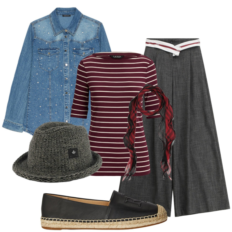 Outfit donna - Total look #2393917. Stile Urban per Tutti i giorni. Abbinamento con sciarpe, camicie, pantaloni a palazzo, cappelli, espadrillas, t-shirt.
