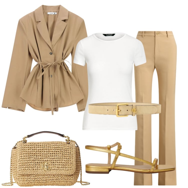 Outfit donna - Total look #2393919. Stile Casual chic per Ufficio. Abbinamento con blazer, borse a spalla, t-shirt, cinture, pantaloni, sandali in pelle.