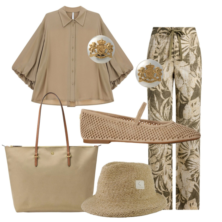 Outfit donna - Total look #2393921. Stile Casual chic per Ufficio. Abbinamento con camicie, cappelli, orecchini, ballerine, borse tote, pantaloni.