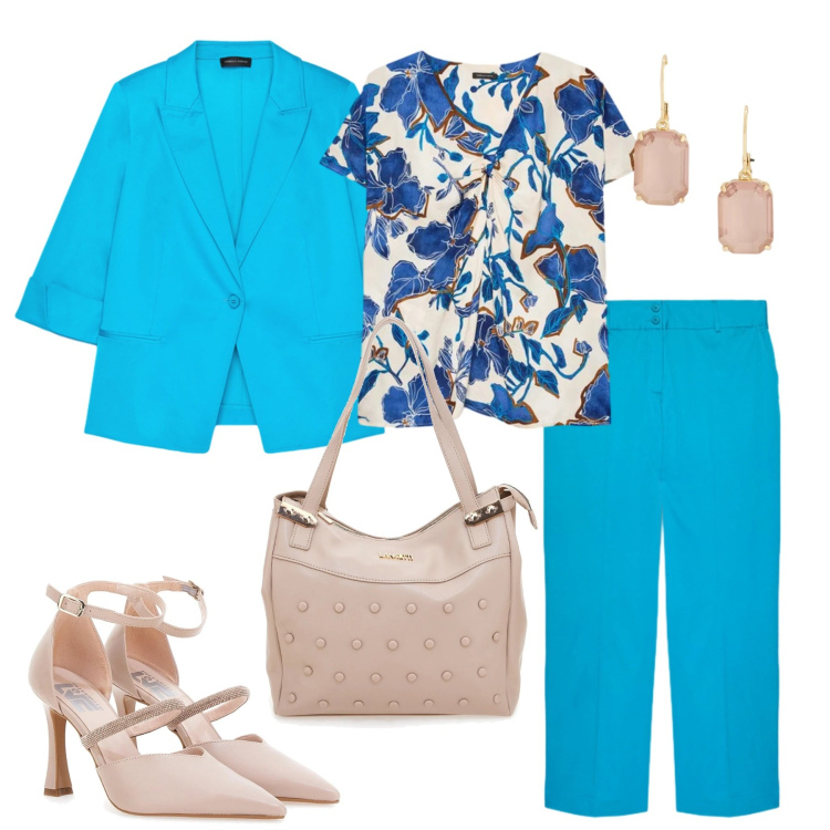 Outfit donna - Blazer leggeri 2. Stile Chic per Cerimonia. Abbinamento con blazer, bluse, pantaloni, orecchini, décolleté, shopping bag.