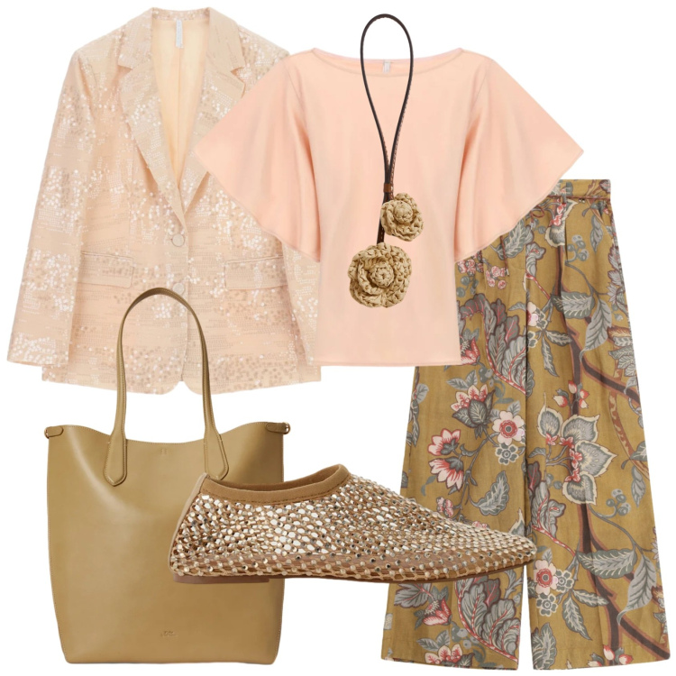 Outfit donna - Total look #2393923. Stile Romantica per Ufficio. Abbinamento con blazer, t-shirt, pantaloni a palazzo, ballerine, borse tote, ciondoli.