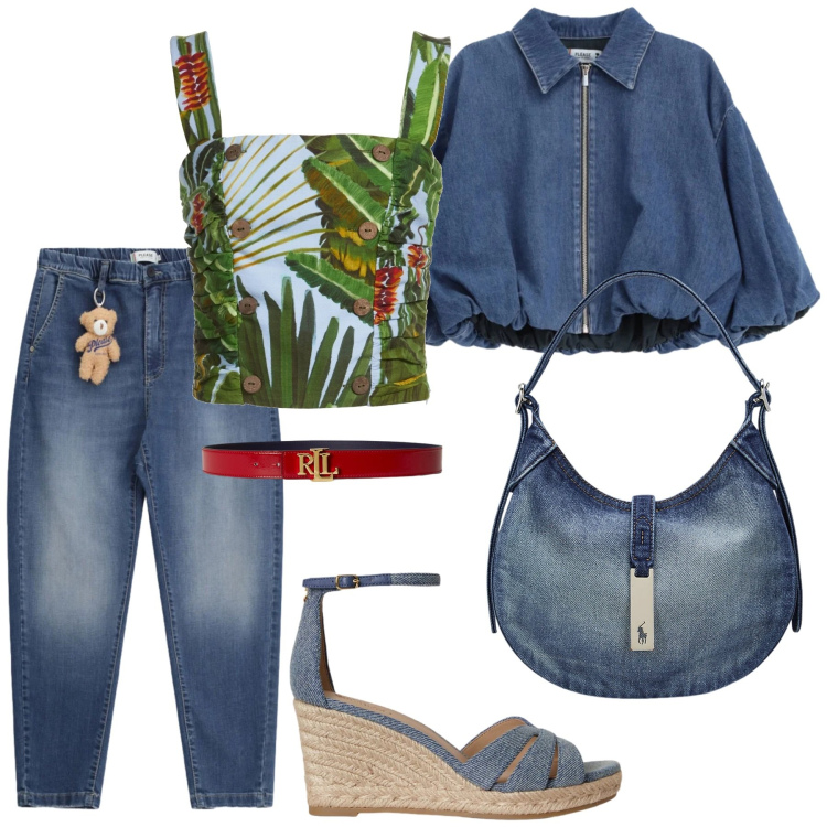 Outfit donna - Denim chic. Stile Casual chic per Ufficio. Abbinamento con top, jeans, blazer, zeppe, borse a spalla, cinture.