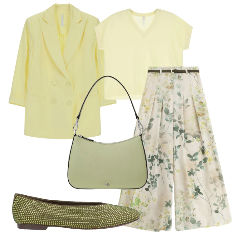 Outfit donna - Total look #2393925. Stile Romantica per Ufficio. Abbinamento con ballerine, blazer, pantaloni a palazzo, t-shirt, borse a spalla.