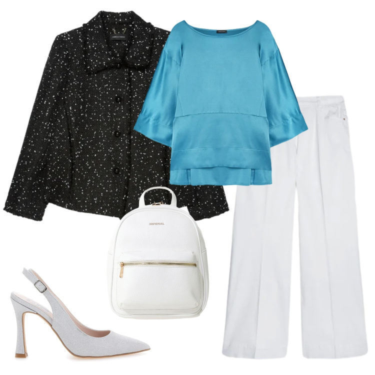 Outfit donna - Ufficio. Stile Glamour per Ufficio. Abbinamento con zaini, bluse, pantaloni, blazer, décolleté.