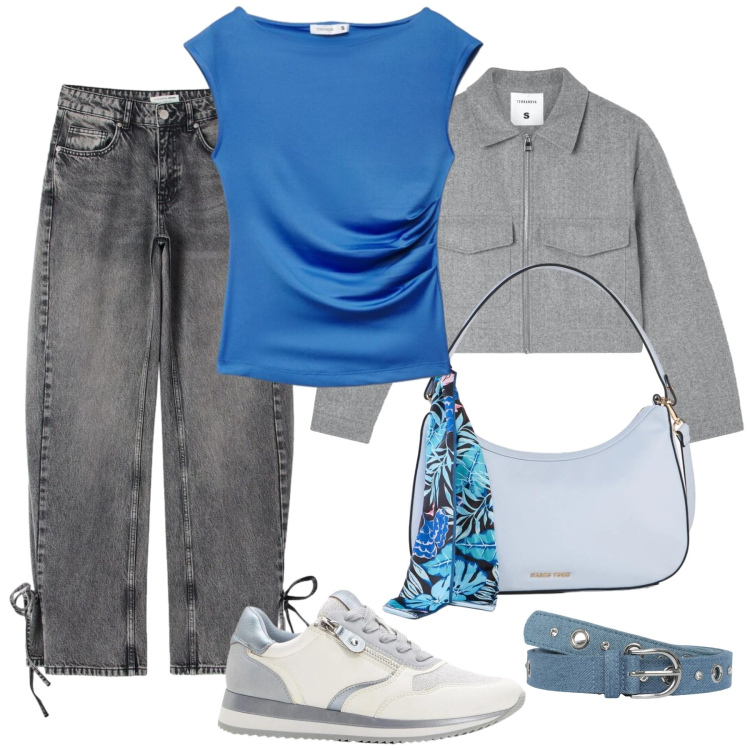Outfit donna - Stile urbano. Stile Urban per Scuola/Università. Abbinamento con borse a mano, sneakers, cinture, blazer, jeans, t-shirt.