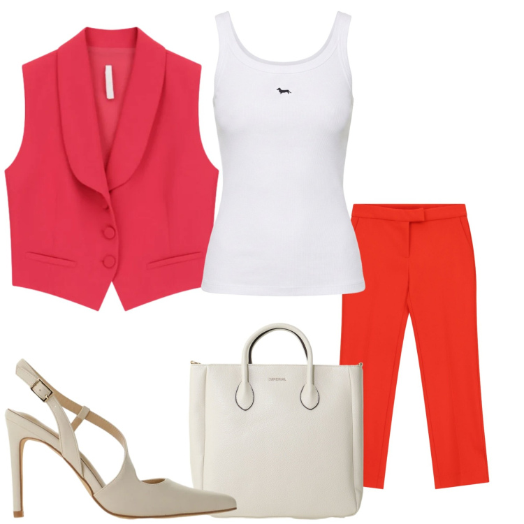 Outfit donna - Rosso e bianco. Stile Casual chic per Tutti i giorni. Abbinamento con canottiere, décolleté, gilet, borse a tracolla, pantaloni.