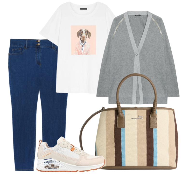 Outfit donna - Il cardigan. Stile Urban per Tutti i giorni. Abbinamento con shopping bag, cardigans, t-shirt, jeans skinny, sneakers.
