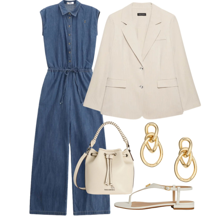 Outfit donna - Denim chic - moi@Laloba. Stile Casual chic per Tutti i giorni. Abbinamento con blazer, borse a secchiello, tute, sandali in pelle, orecchini.