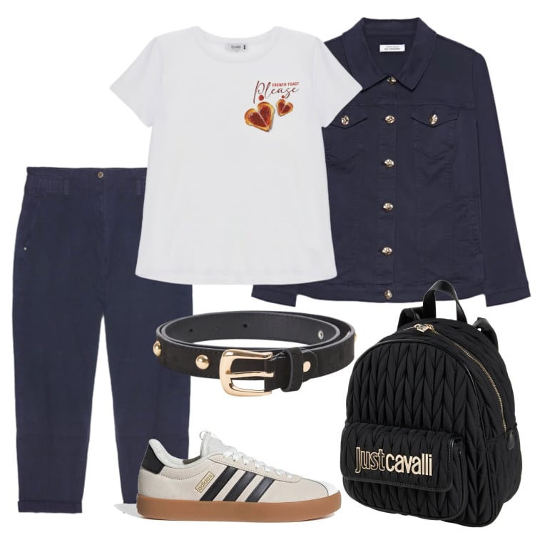 Outfit donna - A scuola. Stile Casual per Scuola/Università. Abbinamento con zaini, cinture, t-shirt, blazer, pantaloni, sneakers.