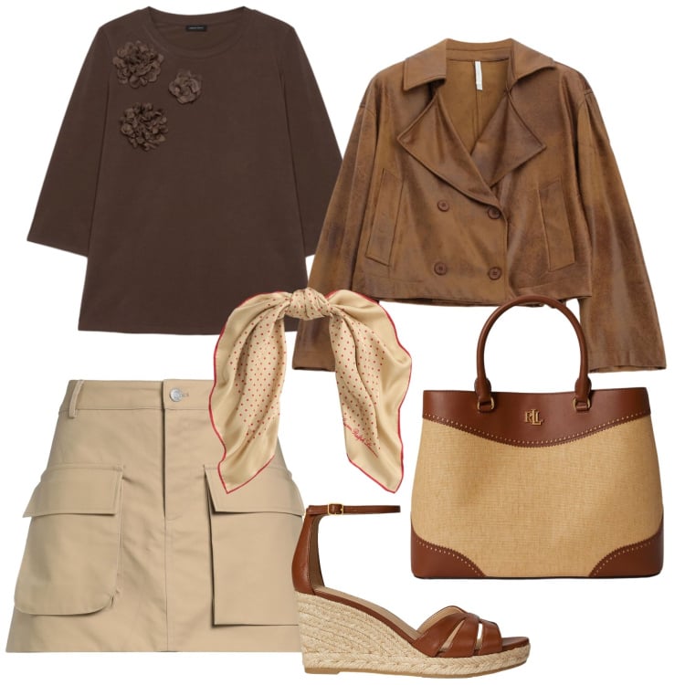 Outfit donna - Tempo libero. Stile Casual per Tutti i giorni. Abbinamento con minigonne, giacche, t-shirt, foulard, zeppe, borse a mano.