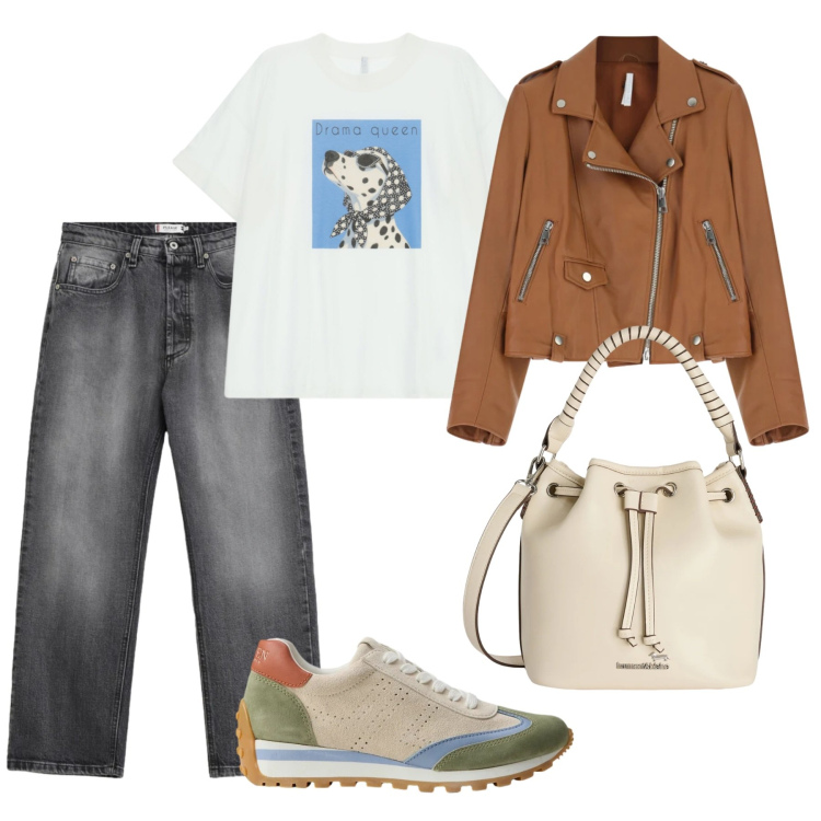 Outfit donna - Liceo. Stile Casual per Scuola/Università. Abbinamento con borse a secchiello, jeans, giacche, t-shirt, sneakers.