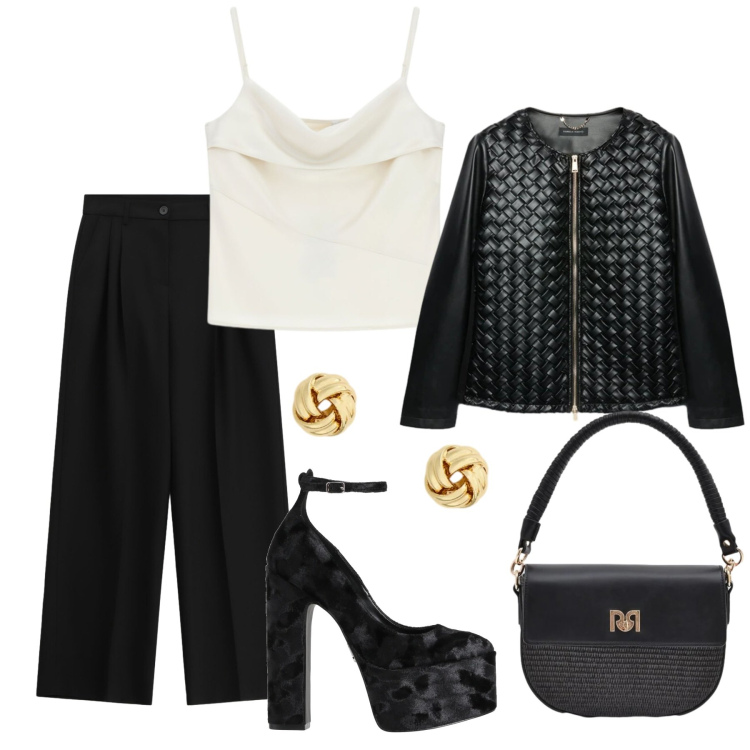 Outfit donna - Serata fuori. Stile Glamour per Serata fuori. Abbinamento con décolleté, canottiere, pantaloni a palazzo, borse a spalla, blazer, orecchini.