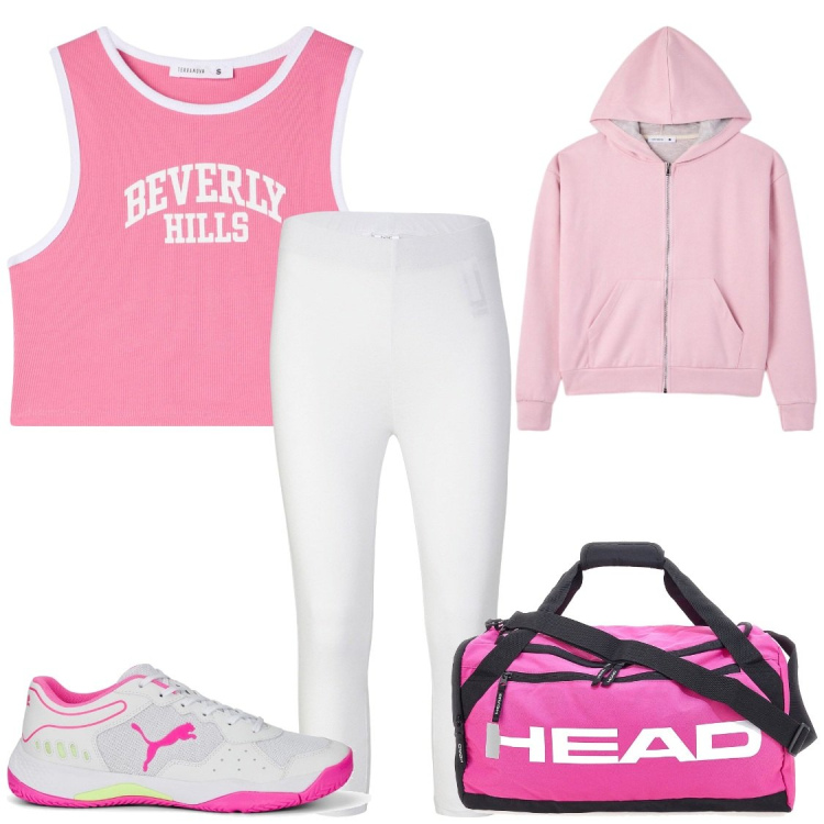 Outfit donna - Offerte sport. Stile Sporty chic per Sport. Abbinamento con leggings, top sportivi, felpe con cappuccio, scarpe sportive, borse sportive.