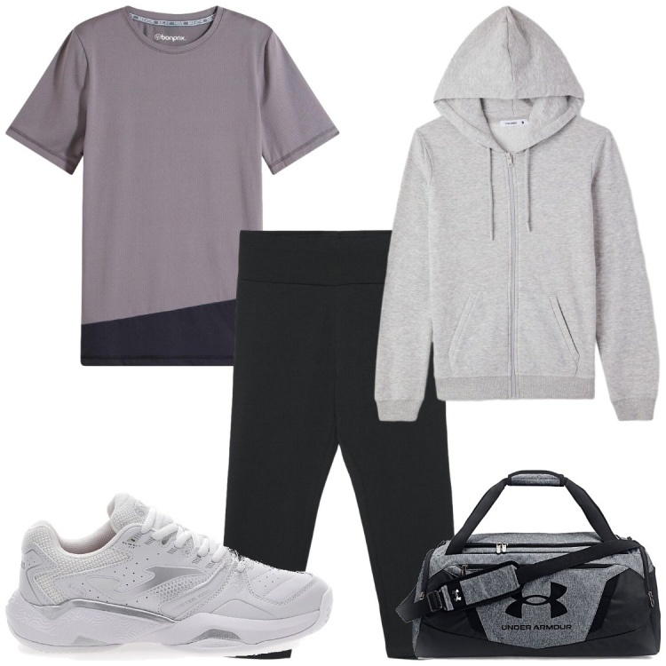 Outfit donna - Maggio in palestra. Stile Sporty chic per Sport. Abbinamento con t-shirt sportive, leggings, felpe con cappuccio, borse sportive, scarpe sportive.