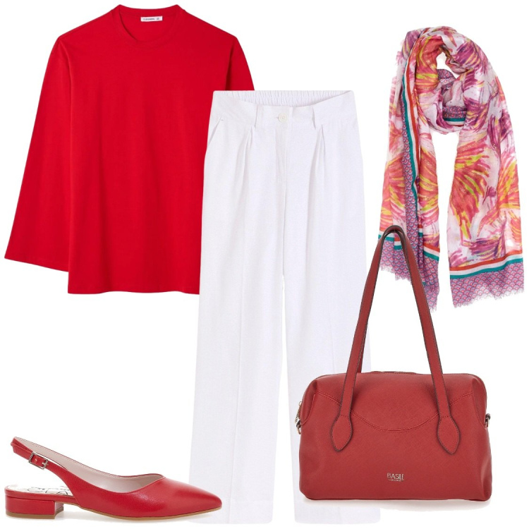 Outfit donna - Primavera in rosso. Stile Casual chic per Ufficio. Abbinamento con pantaloni a palazzo, t-shirt, ballerine, sciarpe, borse a spalla.