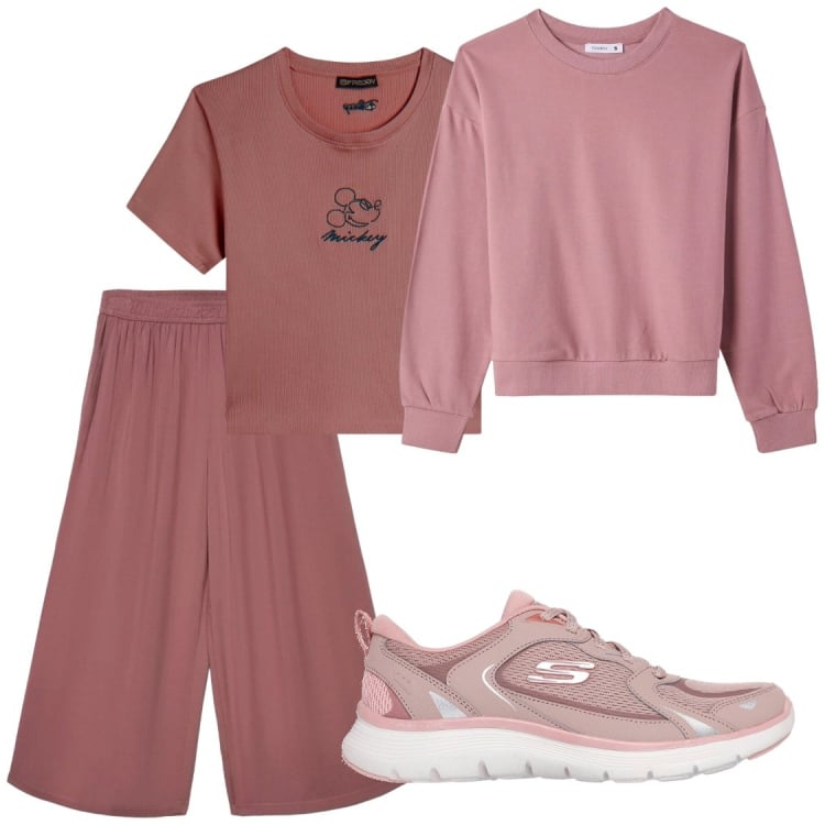 Outfit donna - Smartworking. Stile Sporty chic per Tutti i giorni. Abbinamento con pantaloni a palazzo, felpe, t-shirt, scarpe sportive.