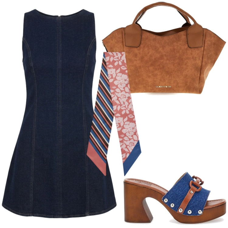 Outfit donna - Bohemian City#denim. Stile Boho per Serata fuori. Abbinamento con vestiti corti, foulard, borse a mano, zoccoli.