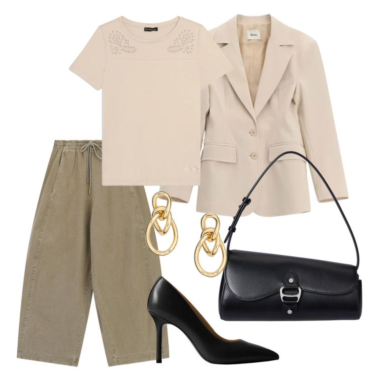 Outfit donna - La stagione delle cerimonia. Stile Casual chic per Cerimonia. Abbinamento con blazer, pantaloni, t-shirt, borse a spalla, décolleté, orecchini.