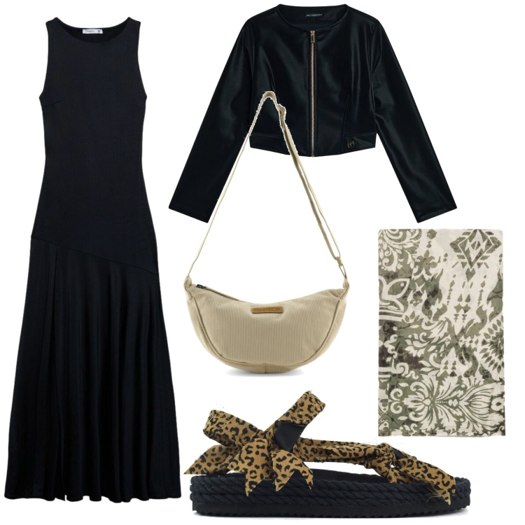 Outfit donna - Sandali foresta. Stile Casual per Serata fuori. Abbinamento con vestiti lunghi, foulard, blazer, sandali, borse a tracolla.