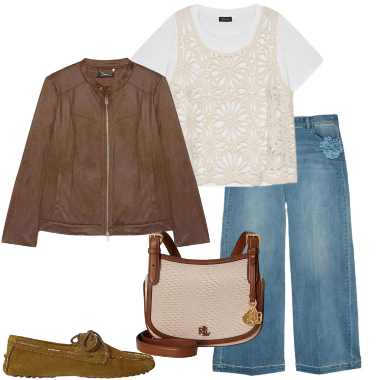 Outfit donna - Casual chic. Stile Casual chic per Ufficio. Abbinamento con jeans, blazer, t-shirt, mocassini, borse a tracolla.