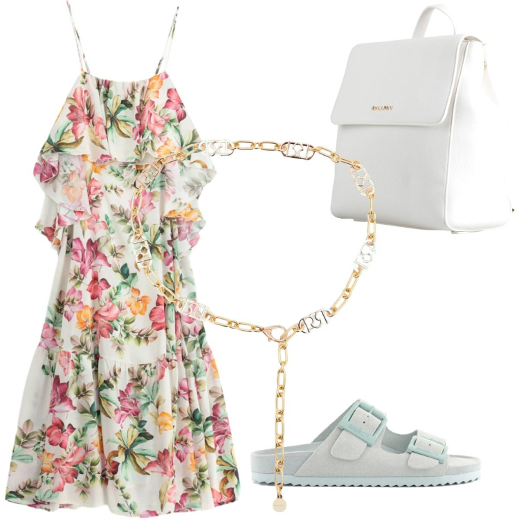 Outfit donna - Estate fiorita. Stile Casual per Tutti i giorni. Abbinamento con zaini, vestiti lunghi, cinture, sandali in pelle.