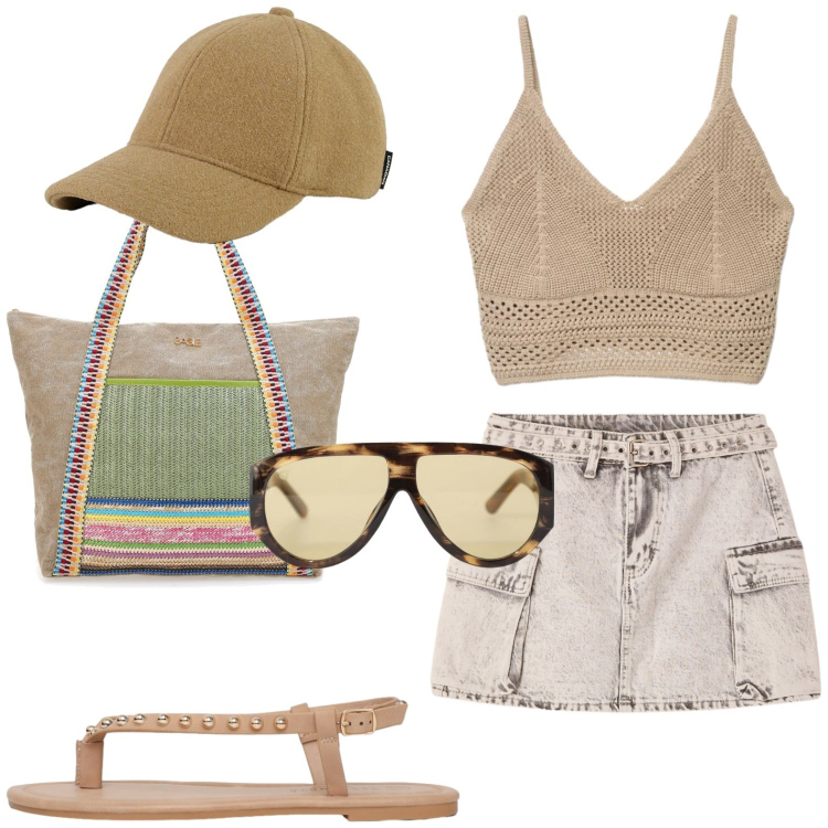 Outfit donna - Hot day. Stile Casual per Tutti i giorni. Abbinamento con minigonne, top, ciabatte, occhiali da sole, cappelli, shopping bag.