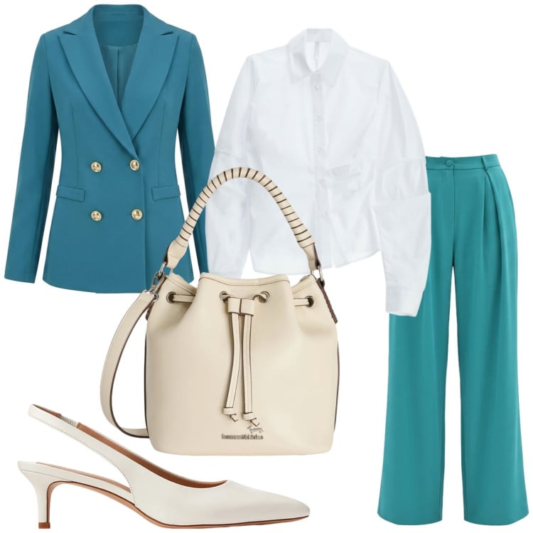 Outfit donna - Bon ton. Stile Glamour per Ufficio. Abbinamento con borse a secchiello, camicie, blazer, pantaloni a palazzo, décolleté.