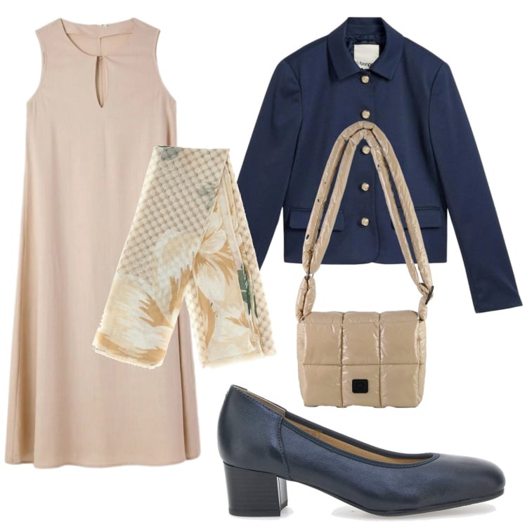 Outfit donna - Classica. Stile Chic per Ufficio. Abbinamento con blazer, vestiti lunghi, borse a spalla, décolleté, foulard.