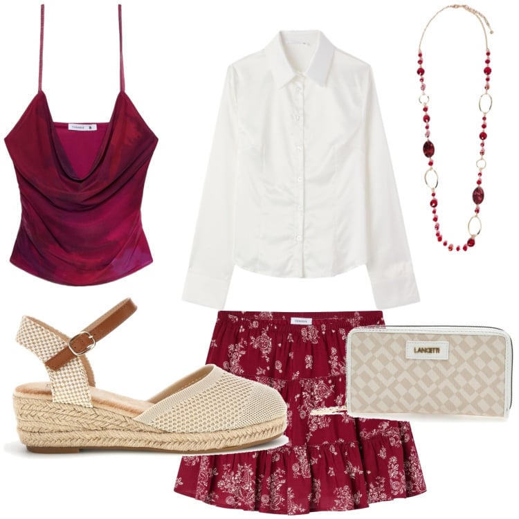 Outfit donna - Minimal. Stile Casual per Tutti i giorni. Abbinamento con minigonne, camicie, top, collane, portafogli, zeppe.