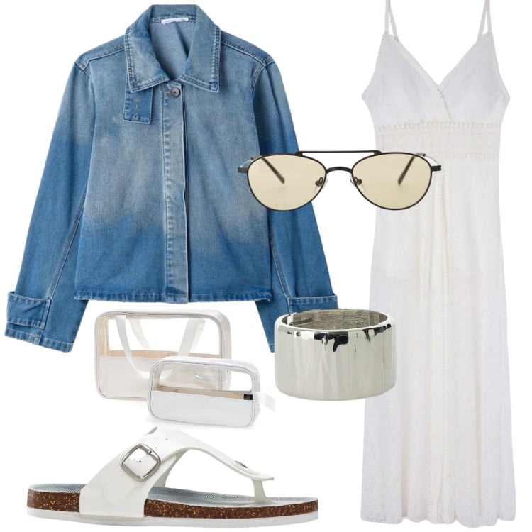 Outfit donna - Denim e white. Stile Glamour per Serata fuori. Abbinamento con infradito, vestiti lunghi, cappotti, braccialetti, occhiali da sole, clutch.