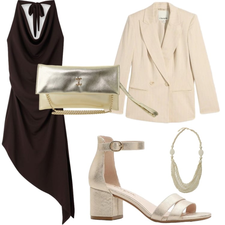 Outfit donna - Accessori gold. Stile Chic per Serata fuori. Abbinamento con blazer, sandali col tacco, vestiti asimmetrici, borse a tracolla, collane.