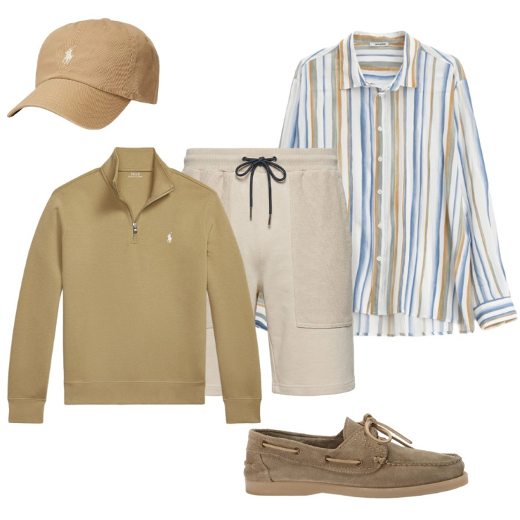 Outfit uomo - La camicia di lino rigata. Stile Trendy per Mare. Abbinamento con camicie, scarpe stringate, pantaloni corti, pullovers, cappelli con visiera.