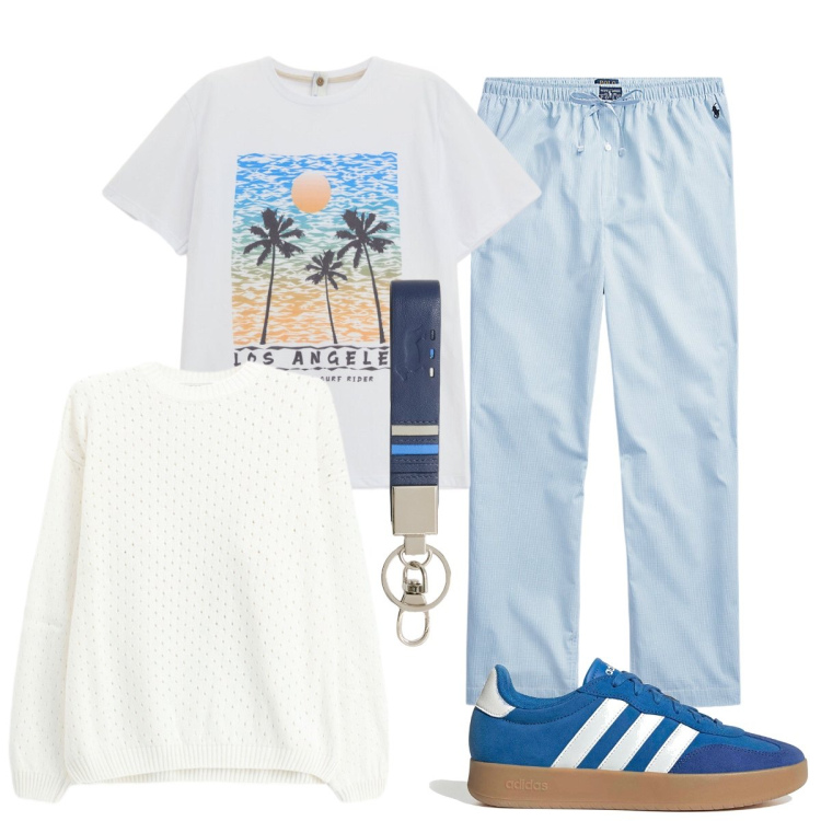 Outfit uomo - Con gli amici. Stile Casual per Tutti i giorni. Abbinamento con portachiavi, t-shirt, maglieria, pantaloni, sneakers.
