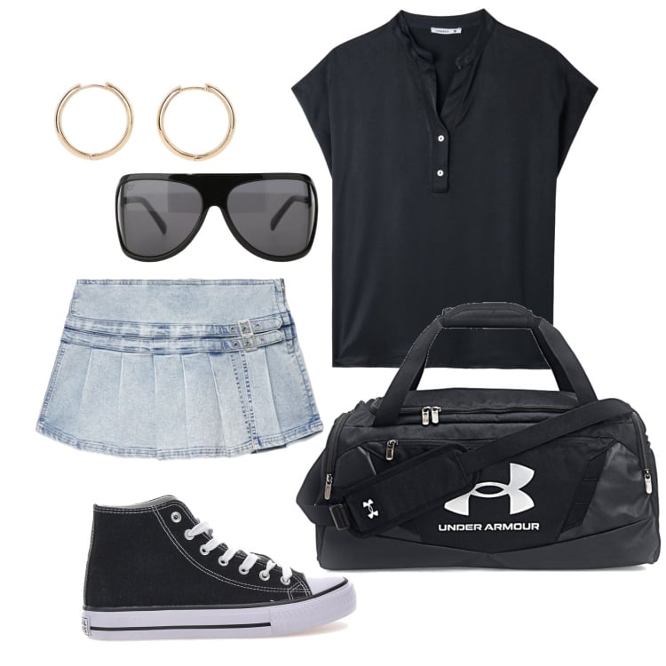 Outfit donna - Maggio. Stile Sporty chic per Tutti i giorni. Abbinamento con orecchini, canottiere, gonne, occhiali da sole, zaini, sneakers.