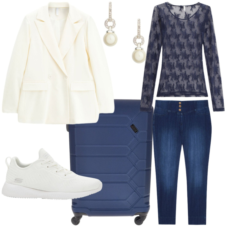 Outfit donna - Partenza glam. Stile Glamour per Tutti i giorni. Abbinamento con sneakers, bluse, blazer, jeggings, orecchini, valigie.