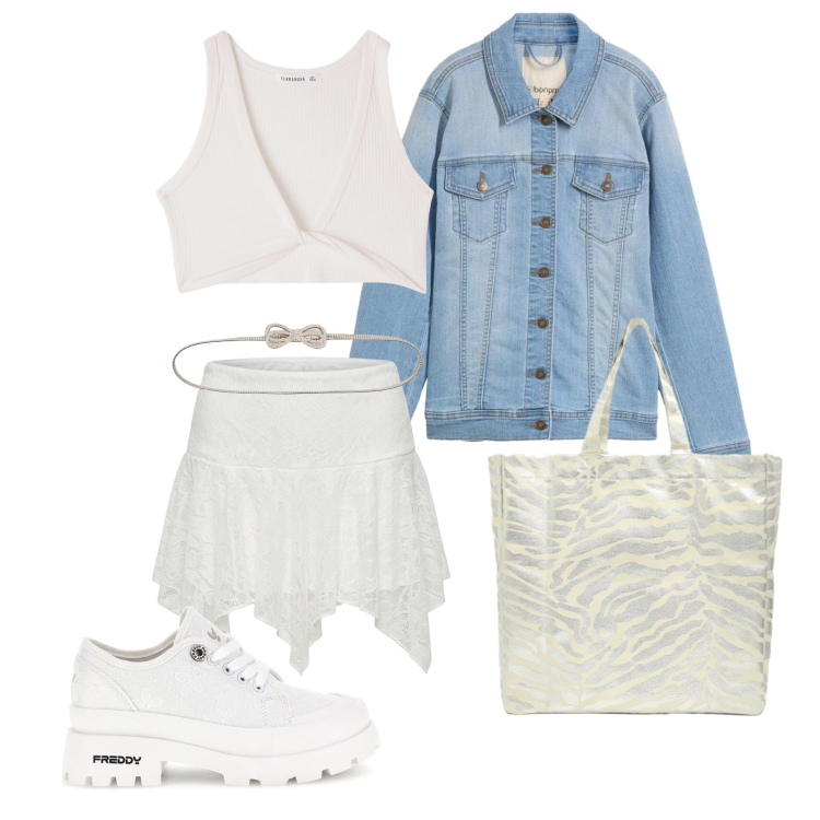 Outfit donna - Maggio. Stile Trendy per Tutti i giorni. Abbinamento con cappotti, cinture, top, shopping bag, minigonne, sneakers.