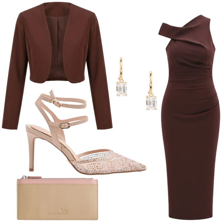 Outfit donna - Monospalla chic. Stile Chic per Cerimonia. Abbinamento con portafogli, bolero, vestiti asimmetrici, décolleté, orecchini.